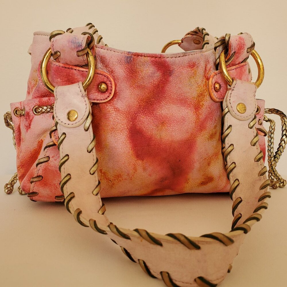 Kooba Mini Purse Handbag painted dyed Gold pink orange yellow red blue rainbow